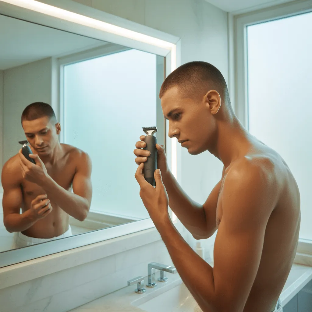 Un hombre en un baño de estilo moderno arreglando su corte buzz con una recortadora pequeña y aplicando un producto de fijación para textura. Se enfoca en mantener el corte de cabello limpio, brillante y saludable