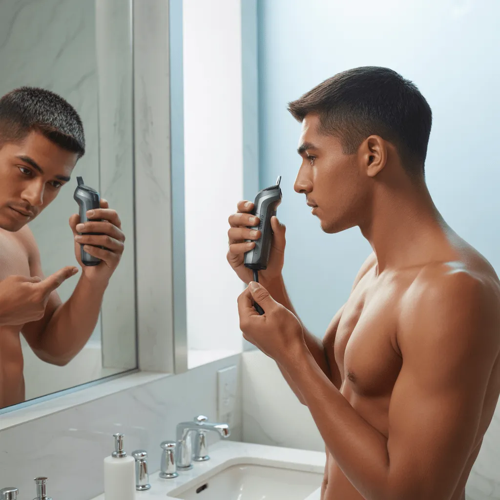 Un hombre en un baño minimalista y elegante, arreglándose el corte de cabello con una pequeña recortadora y aplicando un producto para dar textura. El enfoque está en mantener un corte de cabello bien cuidado, brillante y saludable
