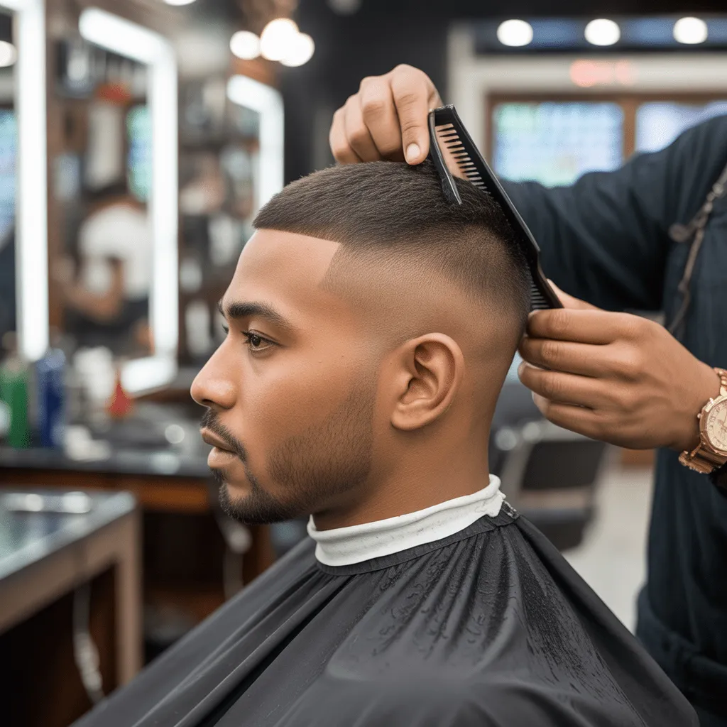 Un hombre habla con un barbero en una barbería bien iluminada, probándose diferentes estilos de corte militar. El estilista personaliza el corte para adaptarlo a las preferencias del hombre