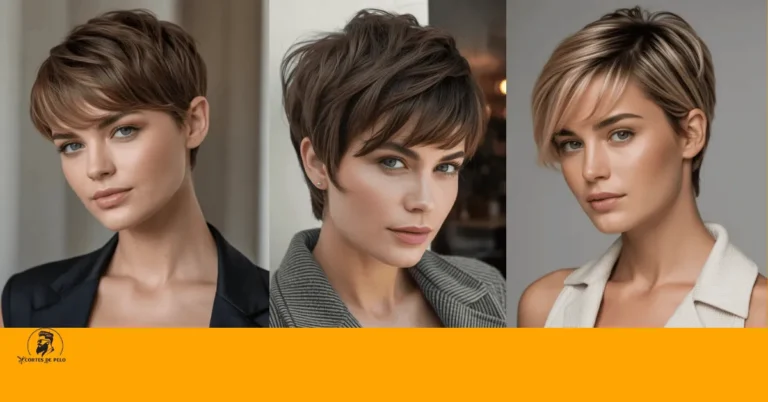 Pixie cut con flequillo lateral suave y texturizado, look audaz que resalta rasgos faciales en pose confiada. Pixie con Flequillo