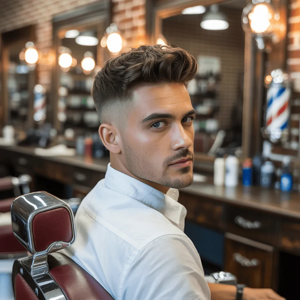 Hombre con corte de cabello recortada clásica, con los lados cortos y la parte superior más larga, ideal para un estilo limpio y profesional. Recortadas de Hombres