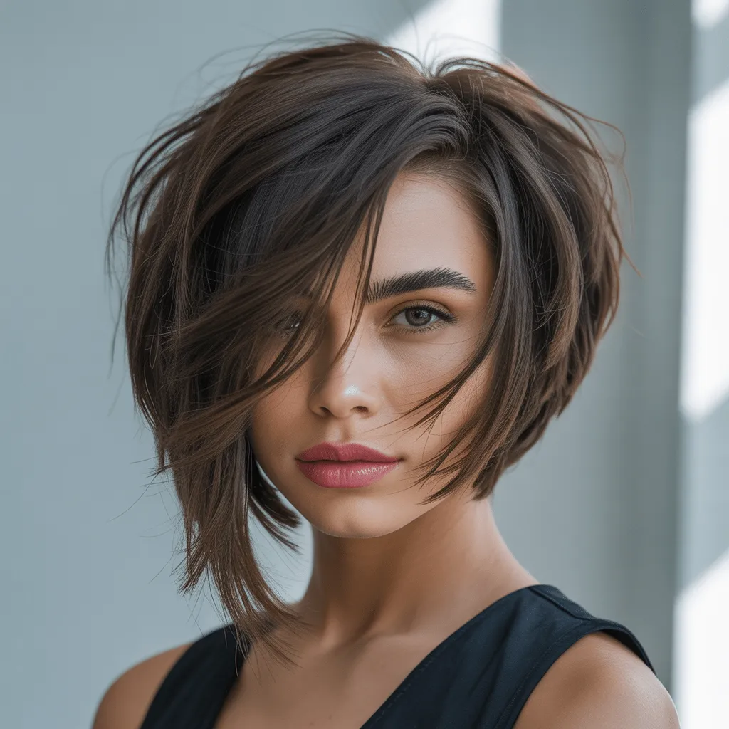 Mujer con corte bob asimétrico estilizado, transmitiendo confianza, personalidad y estilo único en su apariencia.