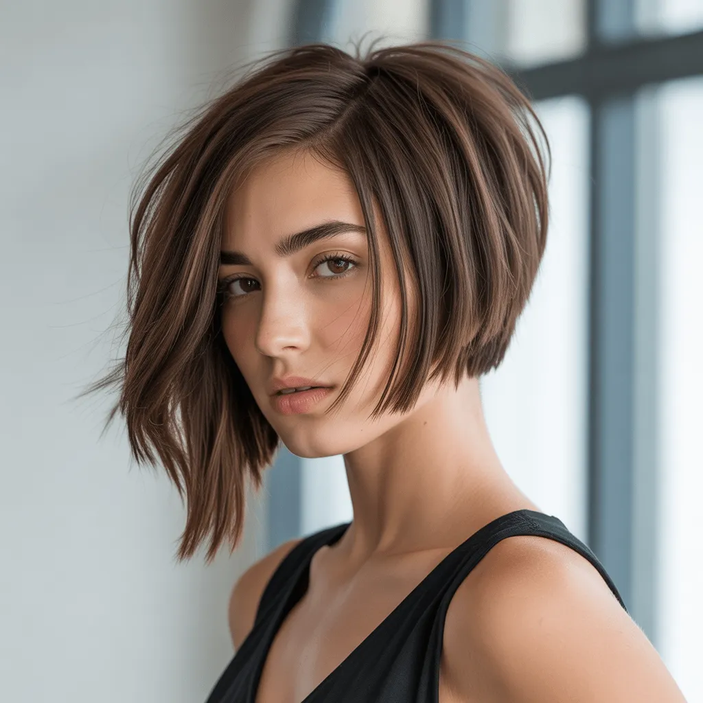 Mujer con bob asimétrico moderno, mostrando un lado más largo que el otro con textura en capas y estilo elegante.