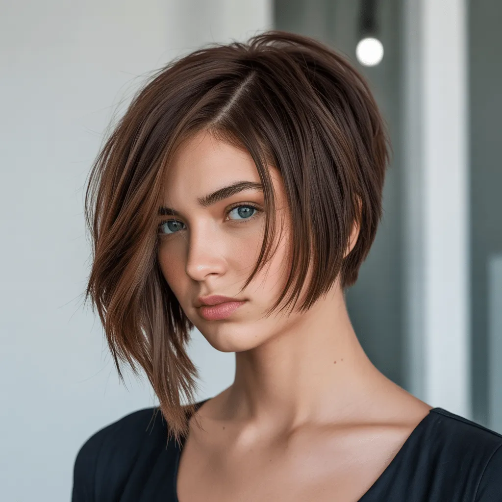 Modelo con peinado bob asimétrico en fondo neutral, resaltando ángulos afilados y look sofisticado y moderno.