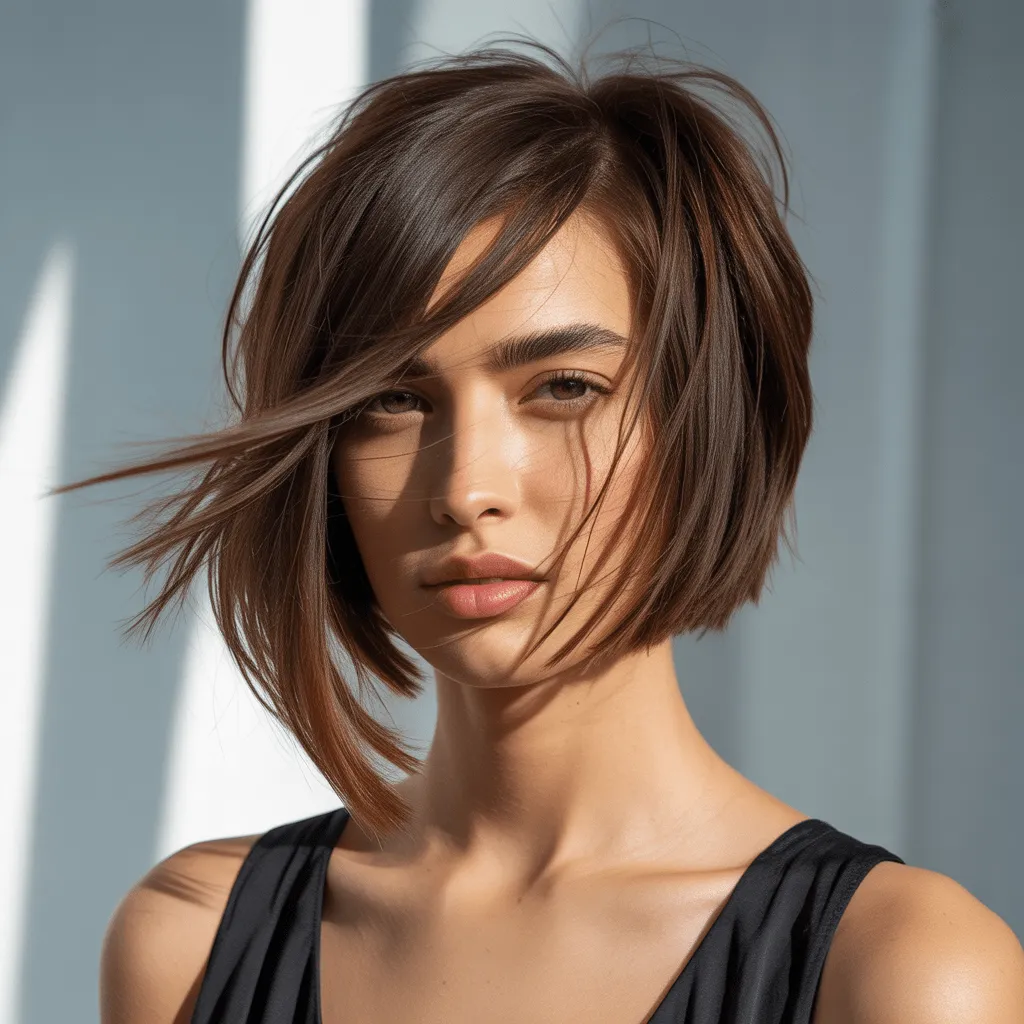 Primer plano de cabello con bob asimétrico y capas texturizadas, destacando el movimiento y diseño audaz del corte.