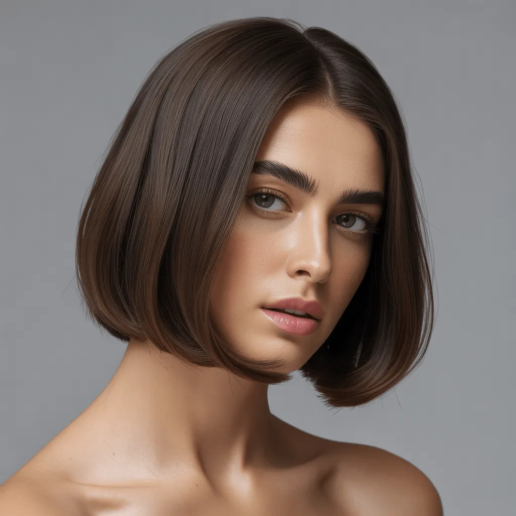 Corte bob clásico atemporal en mujer, con un peinado liso y brillante que resalta la sofisticación del estilo, ideal para cualquier ocasión. Corte Bob Clásico
