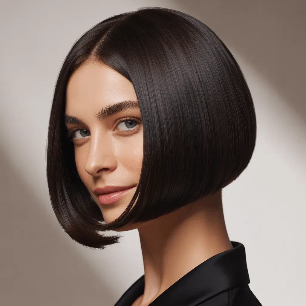 Mujer con un corte bob clásico elegante, estilizado recto hasta la mandíbula con brillo natural y textura suave, mostrando sofisticación y confianza. Corte Bob Clásico
