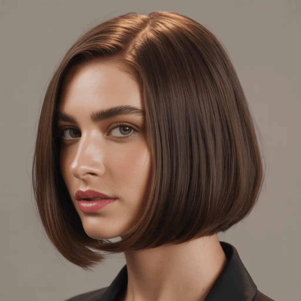 Bob clásico sleek y shiny hasta la mandíbula, expresión confiada en fondo neutro. Corte Bob Clásico