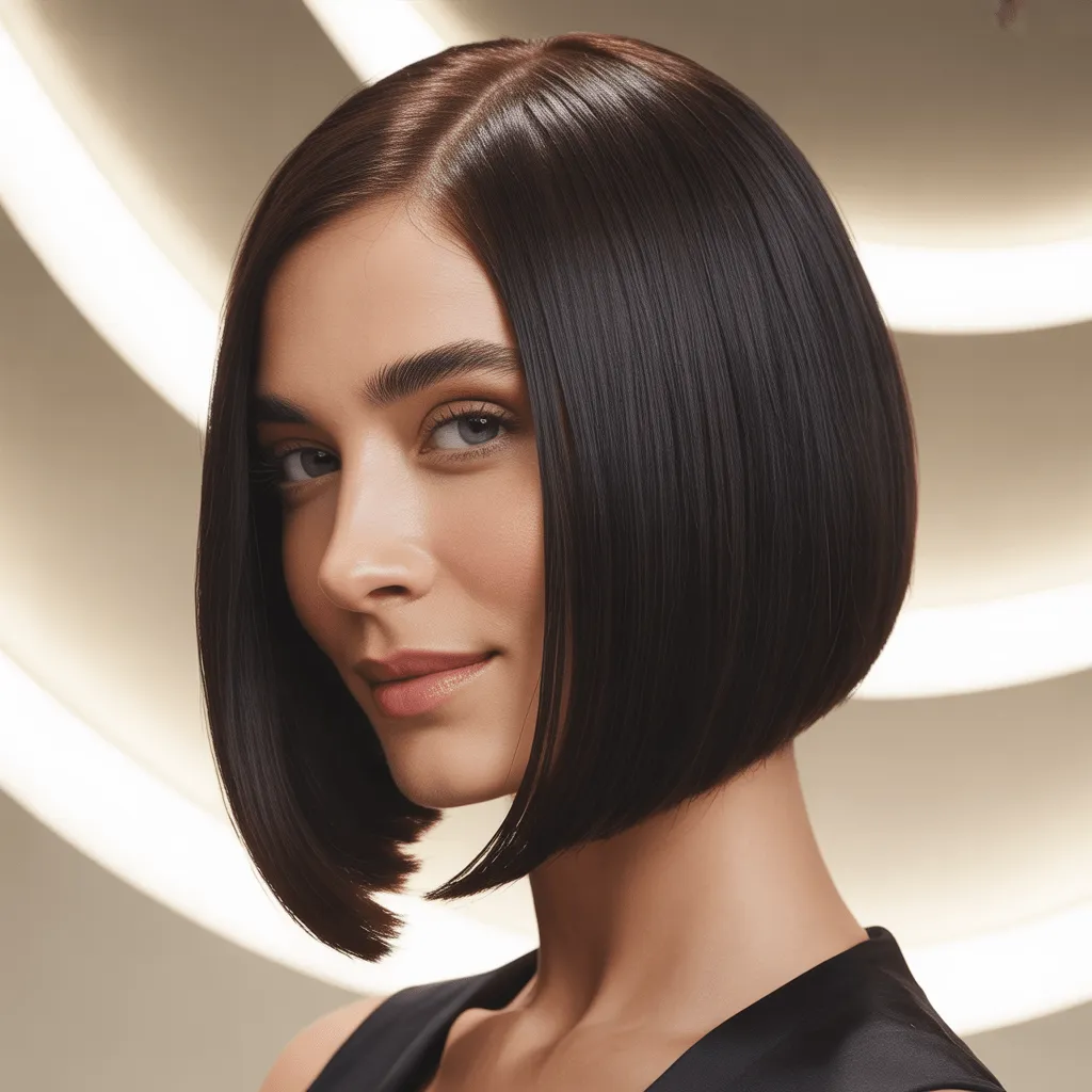 Mujer con un corte bob recto, cabello liso y brillante que cae perfectamente hasta la mandíbula, con una expresión confiada y un estilo sofisticado.