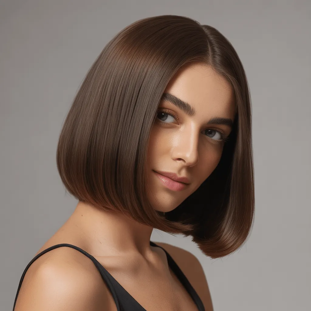 Bob recto liso hasta la mandíbula, cabello brillante y suave con acabado pulido.