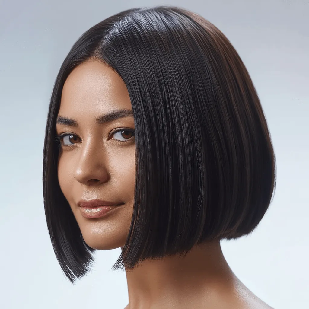 Mujer con corte bob recto, con cabello liso y radiante, peinado a la perfección para un look refinado y sin complicaciones.
