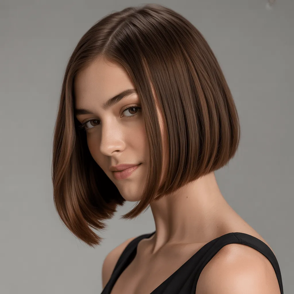 Corte bob recto con acabado pulido y brillante, resaltando la línea recta que define la mandíbula y da un look elegante y moderno.