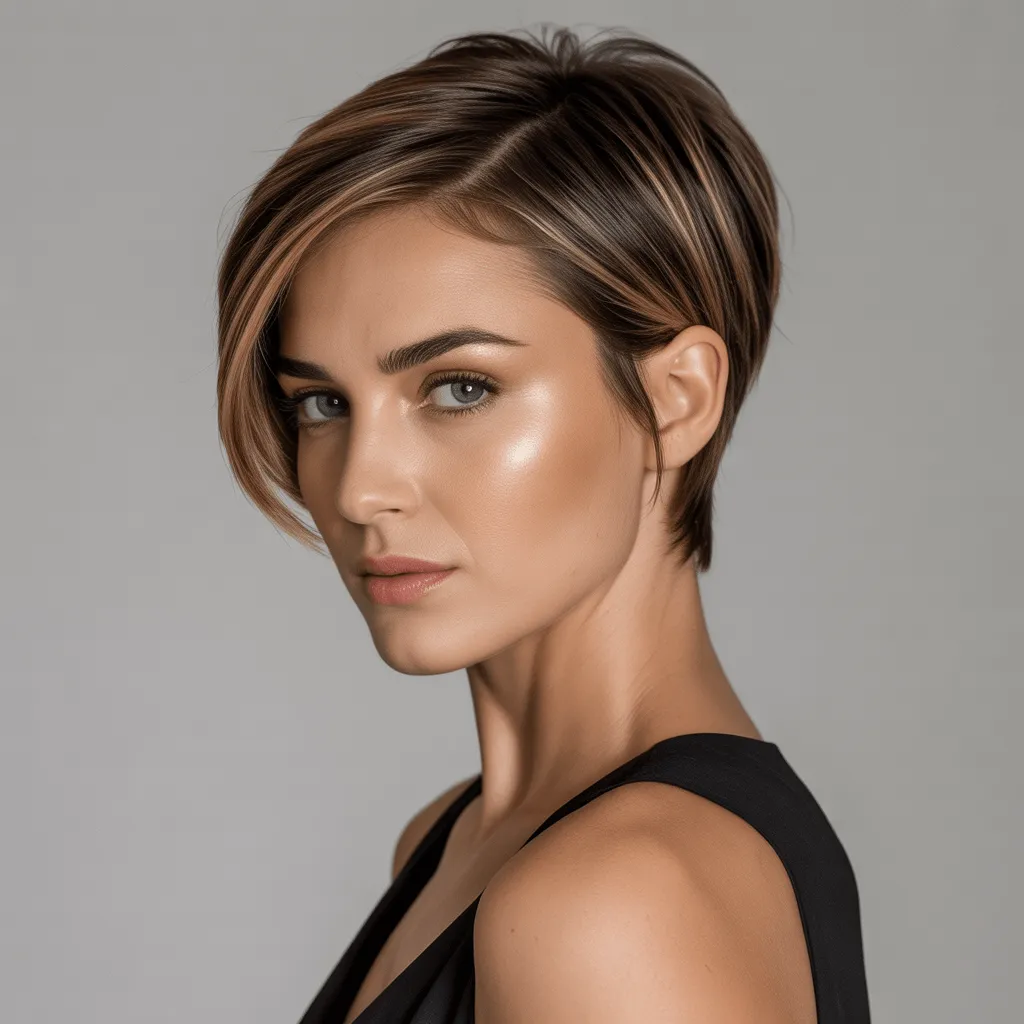 Mujer segura de sí misma posando con una expresión audaz, luciendo un elegante corte pixie que resalta los rasgos faciales con un sutil volumen y textura.