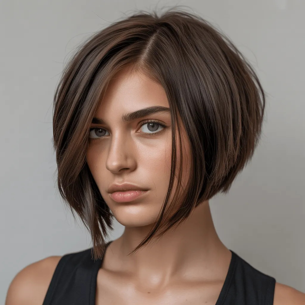 Modelo con bob asimétrico lado largo, expresión confiada y fondo limpio.