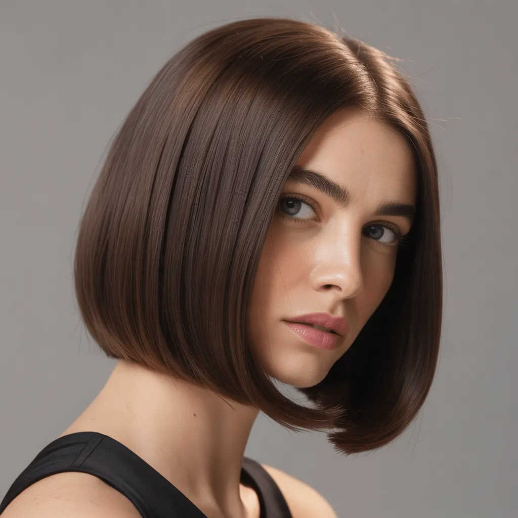 Mujer con bob clásico hasta la mandíbula, liso brillante y look sofisticado chic. Corte Bob Clásico