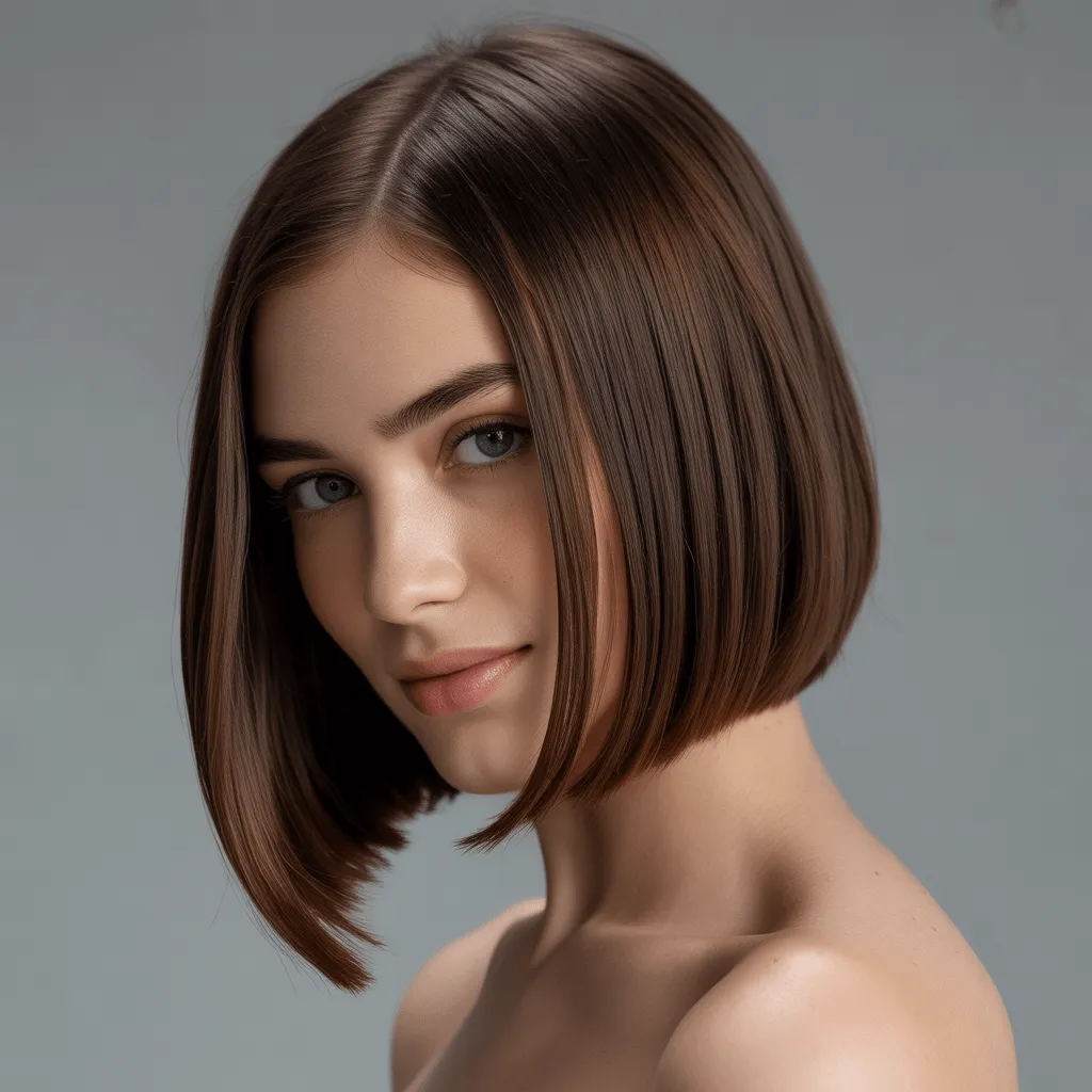 Corte bob recto pulido y brillante hasta la mandíbula, fondo neutro elegante.