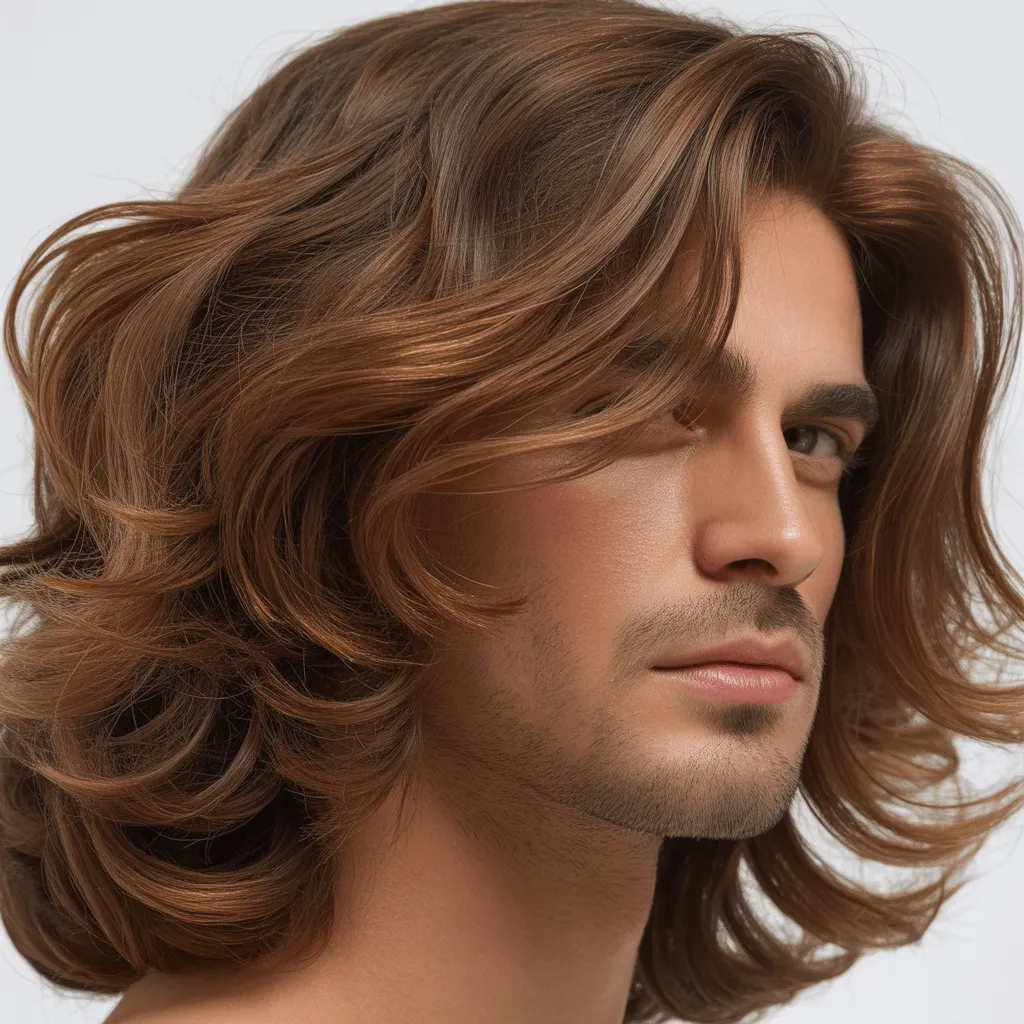 Corte largo para hombre, con cabello suave y bien cuidado, perfecto para un estilo relajado y moderno.