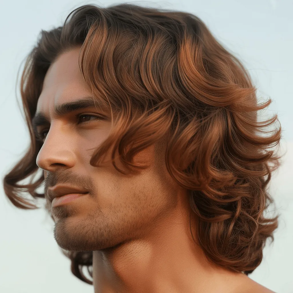 Corte largo para hombre, con cabello lacio y bien estilizado para un look moderno y cuidado.
