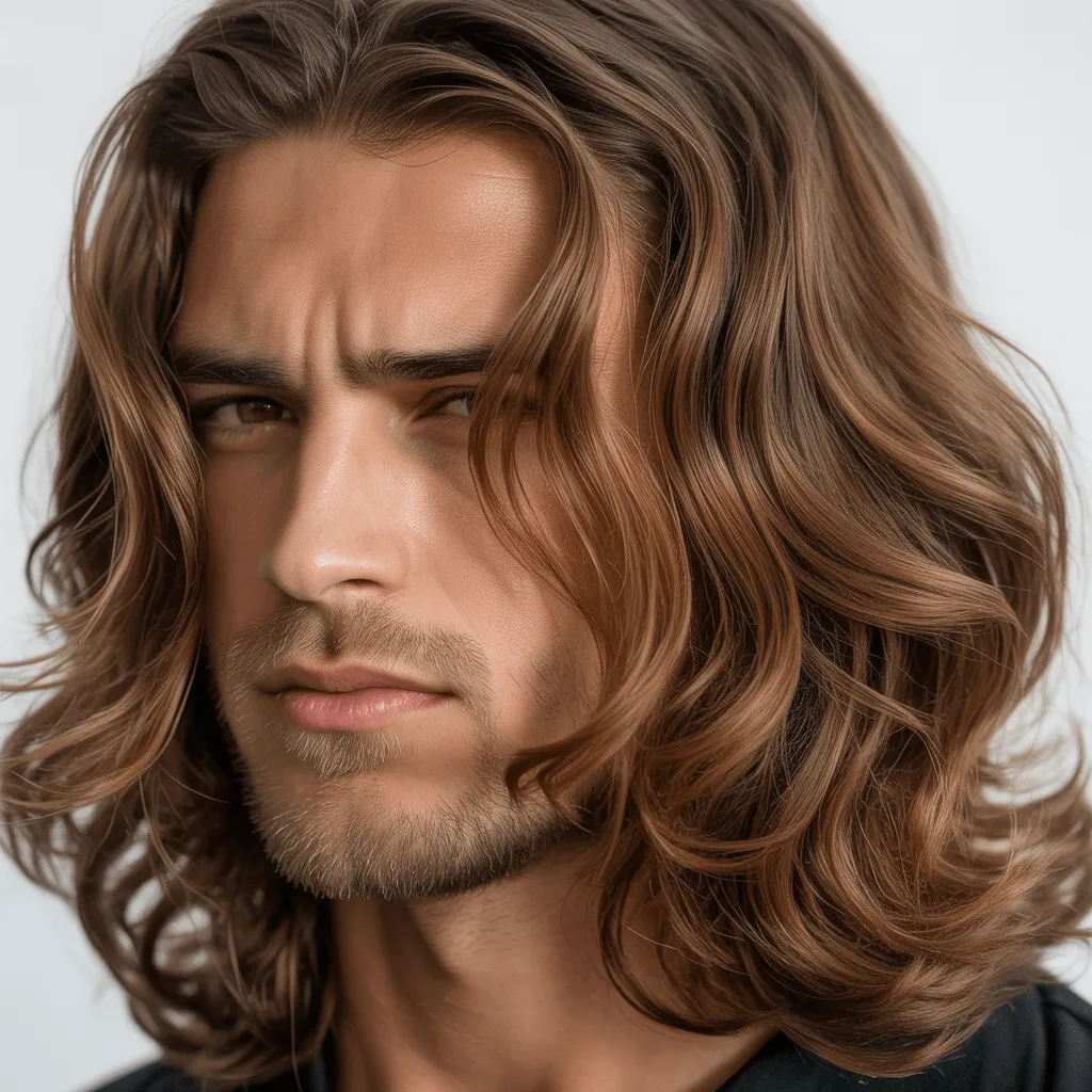 Corte de cabello largo para hombre con ondas naturales y un toque moderno.