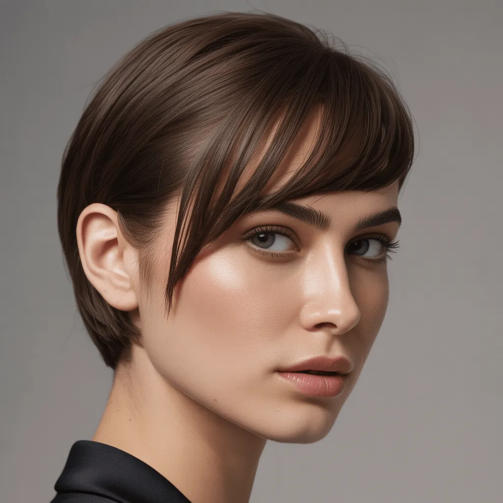 Corte de cabello corto con flequillo lateral que enmarca el rostro con suavidad, creando un look femenino y sofisticado.