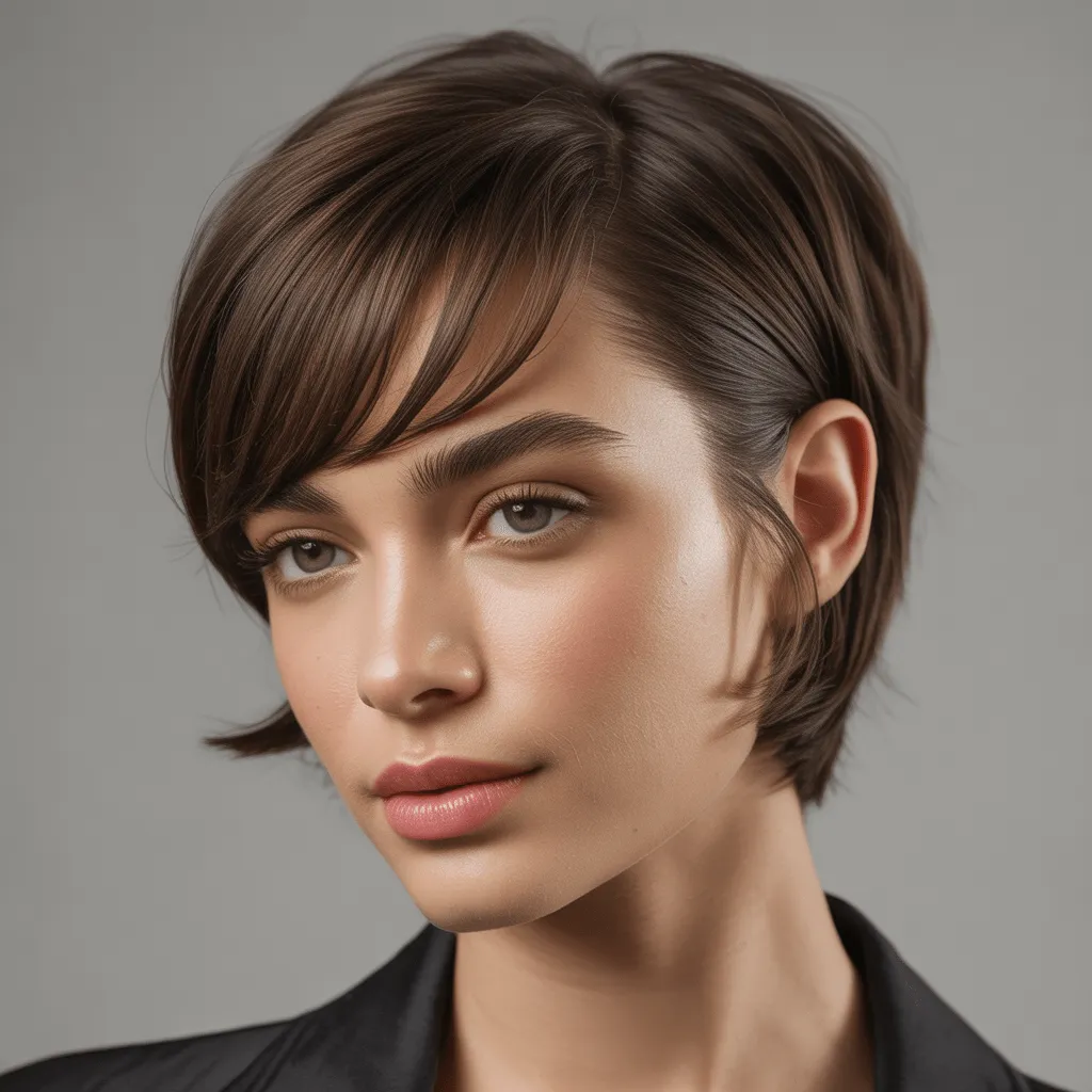 Mujer con corte de pelo corto y flequillo lateral, luciendo un estilo sofisticado y moderno con una expresión confiada.