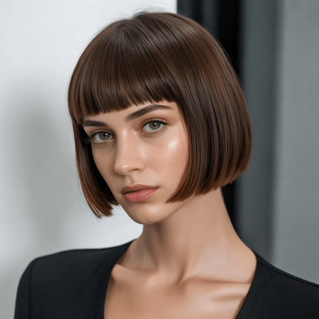 Mujer con un corte bob corto y flequillo recto perfectamente definido, que irradia confianza y un aspecto limpio y pulido en un entorno minimalista.