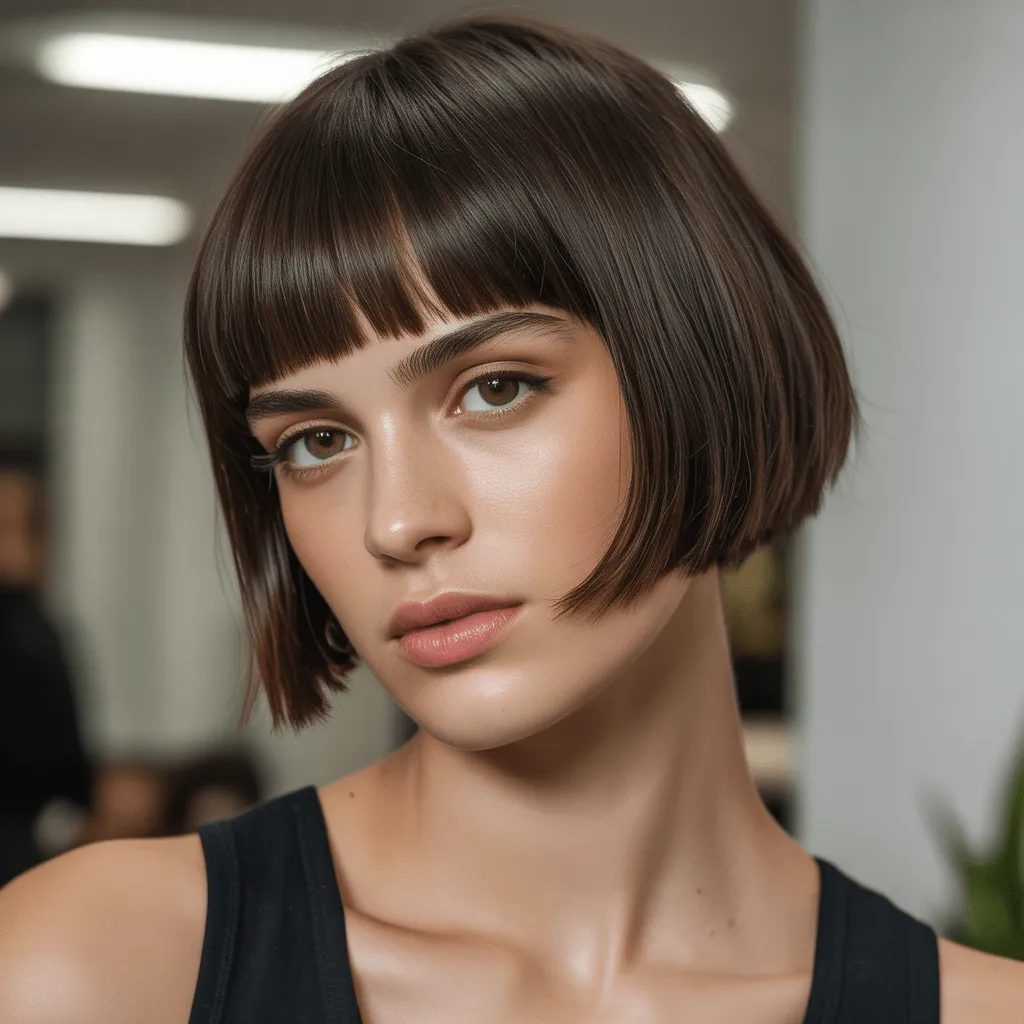 Corte corto con flequillo recto, moderno y atrevido, con un acabado pulido y un enfoque en la mirada destacada del modelo.