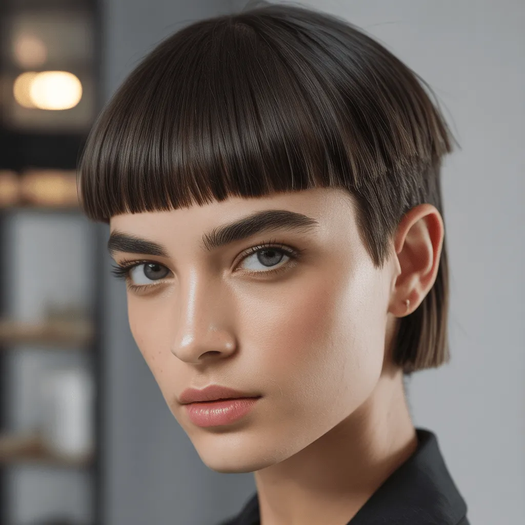 Corte de cabello corto con flequillo recto, destacando líneas definidas y textura lisa, creando un estilo audaz y juvenil. Corte de Cabello Corto con Flequillo Recto