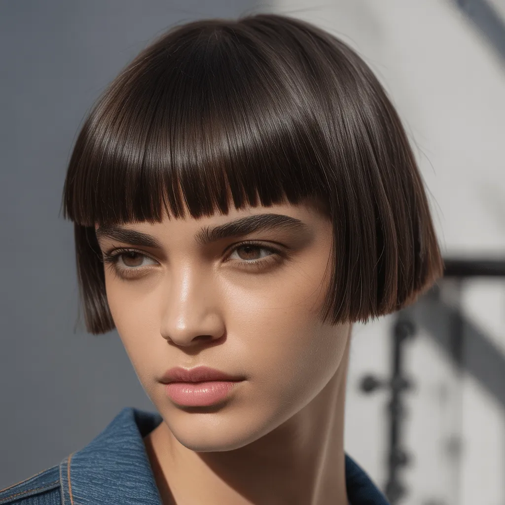 Corte de cabello corto con flequillo recto y nítido, que resalta los ojos del modelo, con un acabado pulido y moderno.