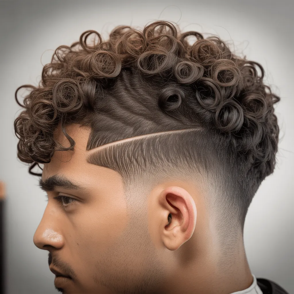 Corte de cabello curly low fade para hombre, con rizos naturales definidos y un fade limpio en los lados.