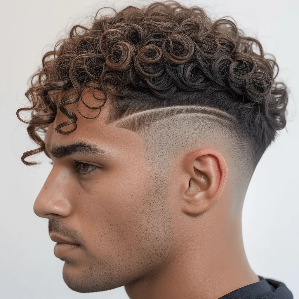 Hombre con corte de cabello curly low fade, mostrando rizos definidos en la parte superior y fade sutil en los lados. Cortes de cabello low fade