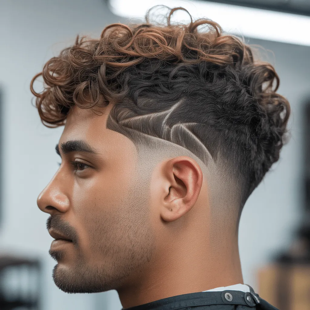 Hombre con corte low drop fade, mostrando rizos bien definidos y un desvanecimiento limpio en los lados. Cortes de cabello low fade