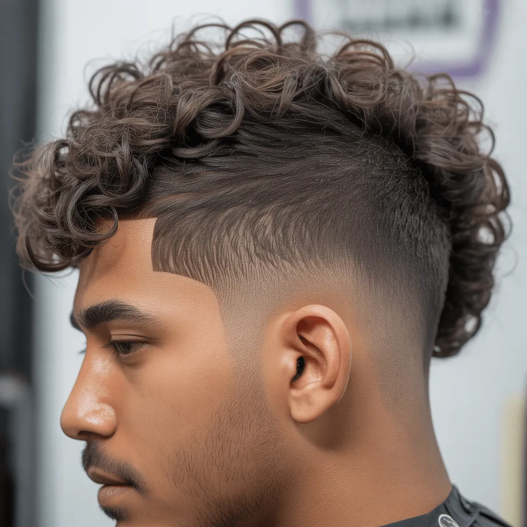 Corte de cabello low drop fade en hombre con cabello rizado, destacando volumen y textura en la parte superior.