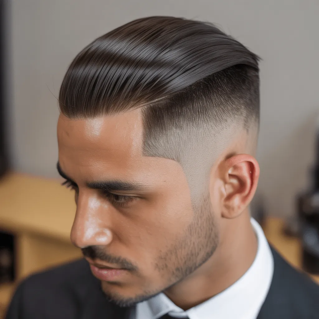 Hombre con corte de cabello low fade, con un estilo pulido y un desvanecimiento suave en los lados, resaltando el cabello lacio. Cortes de cabello low fade