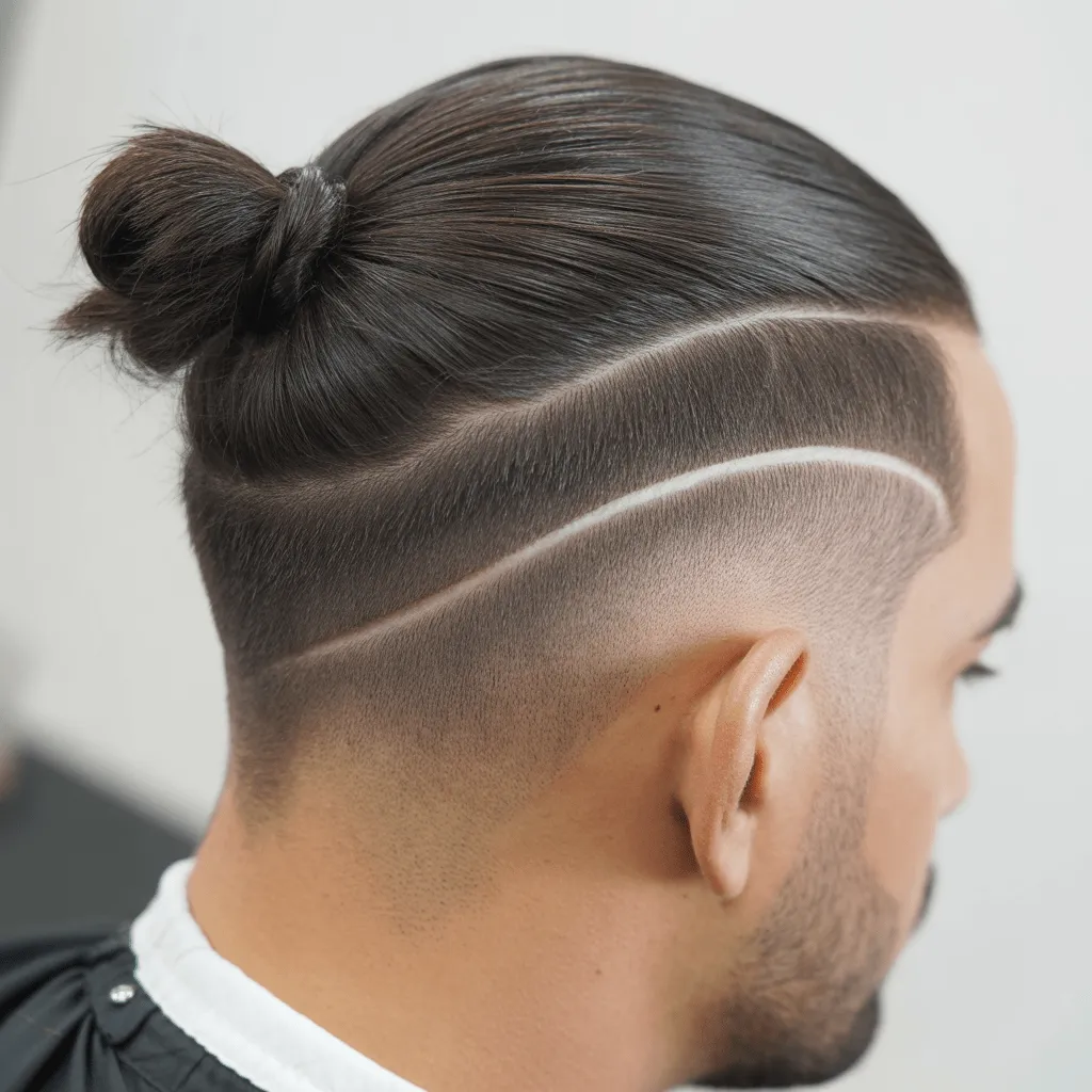 Hombre con corte de cabello low fade man bun, mostrando un moño masculino pulido con fade limpio en los lados. Cortes de cabello low fade