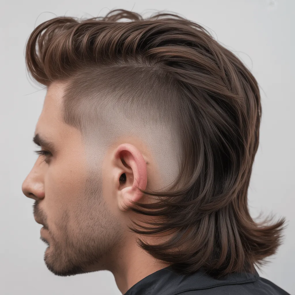 Hombre con corte de cabello low fade mullet, combinando un mullet tradicional con un fade moderno. Cortes de cabello low fade