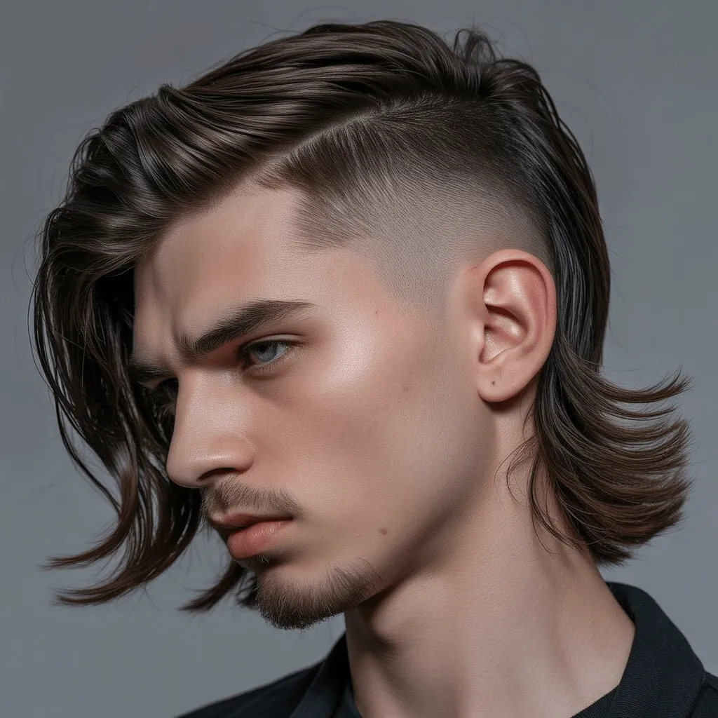 Hombre con corte de cabello low fade mullet, con el cabello largo en la parte posterior y fade en los lados.