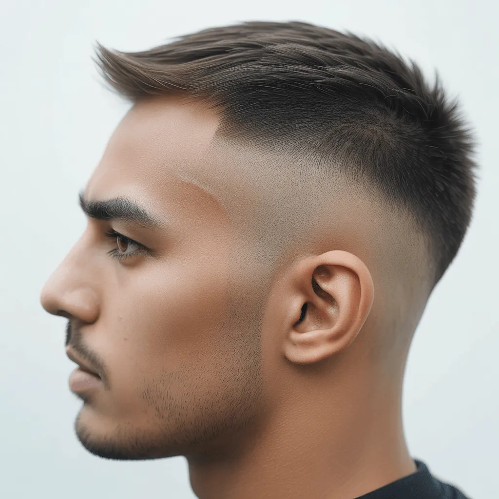 Corte de cabello low skin fade con un acabado limpio, resaltando el contraste entre los lados afeitados y la parte superior más larga. Cortes de cabello low fade