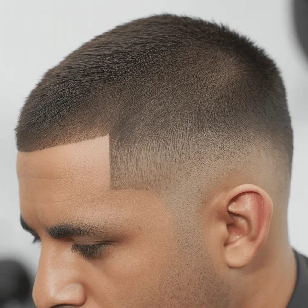 Hombre con corte de cabello low taper fade, mostrando un desvanecimiento suave en los lados y una parte superior más larga, con un look limpio.