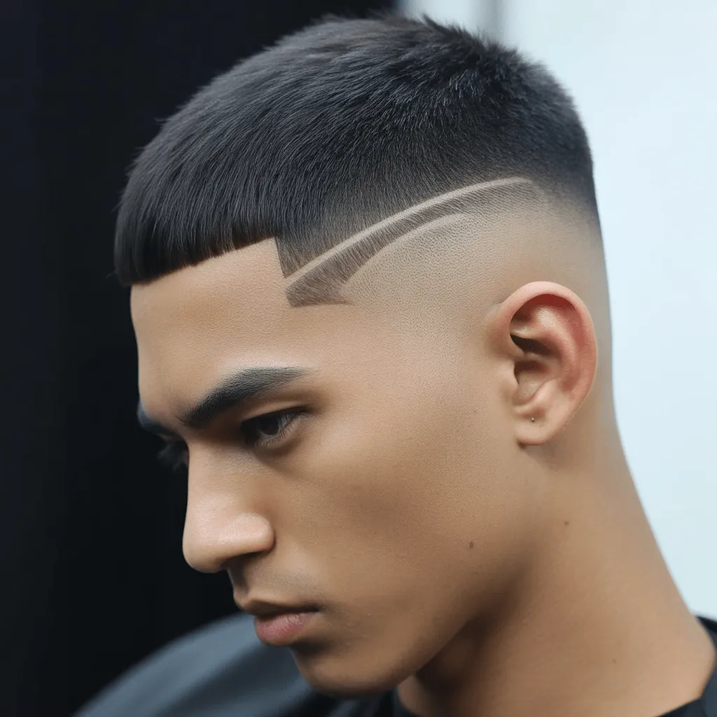 Hombre con corte de cabello ninja low taper fade, destacando la mezcla suave de los lados con una parte superior definida.