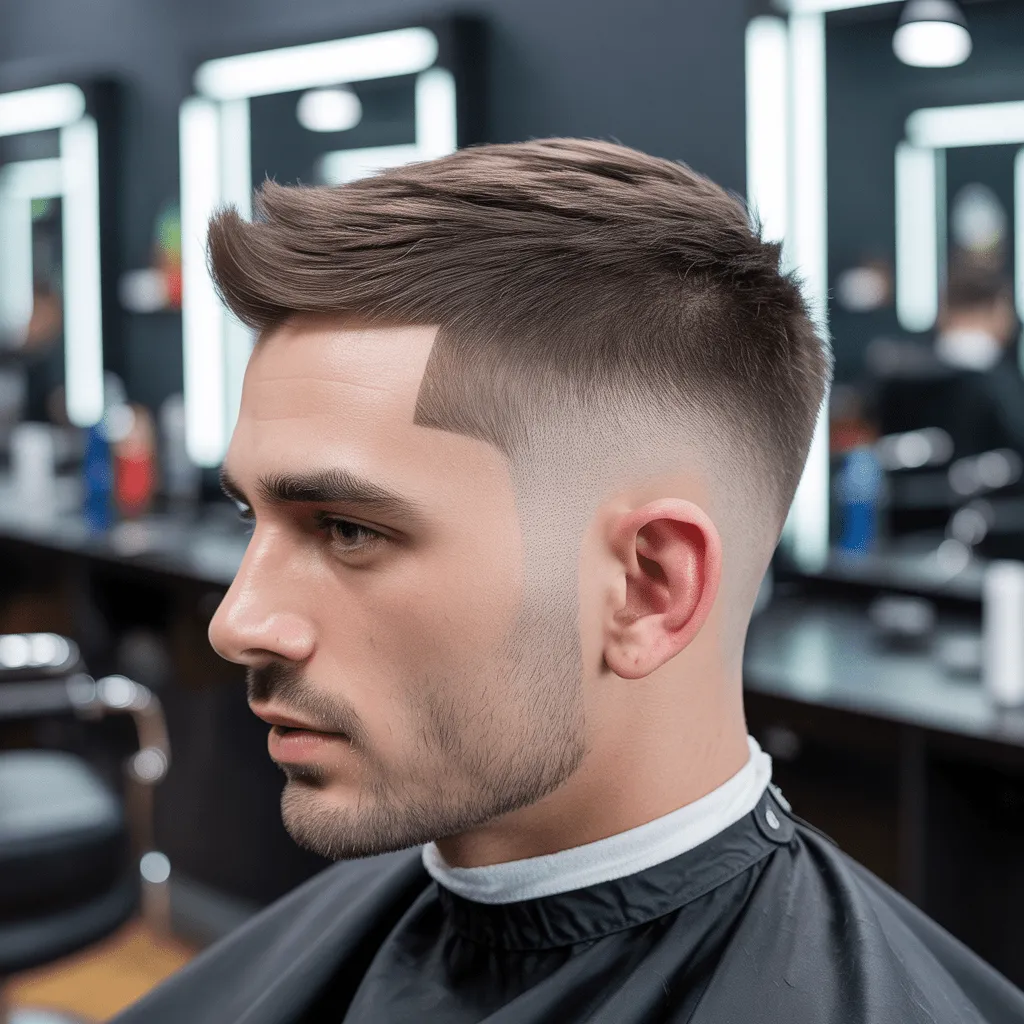 Hombre con corte de cabello ninja low taper fade, con un fade suave en los lados y una parte superior estructurada.