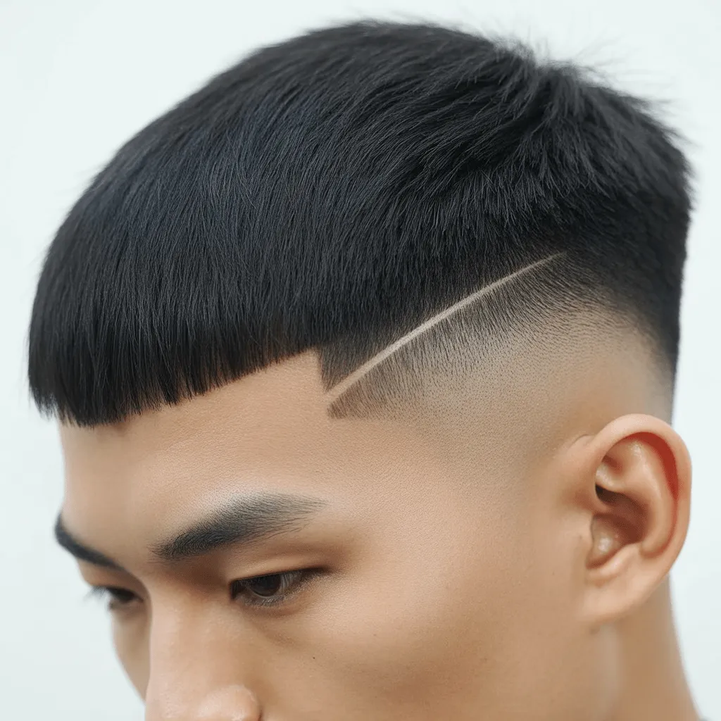 Hombre con corte de cabello taper low fade estilo asiático, desvanecimiento limpio en los lados y longitud en la parte superior.