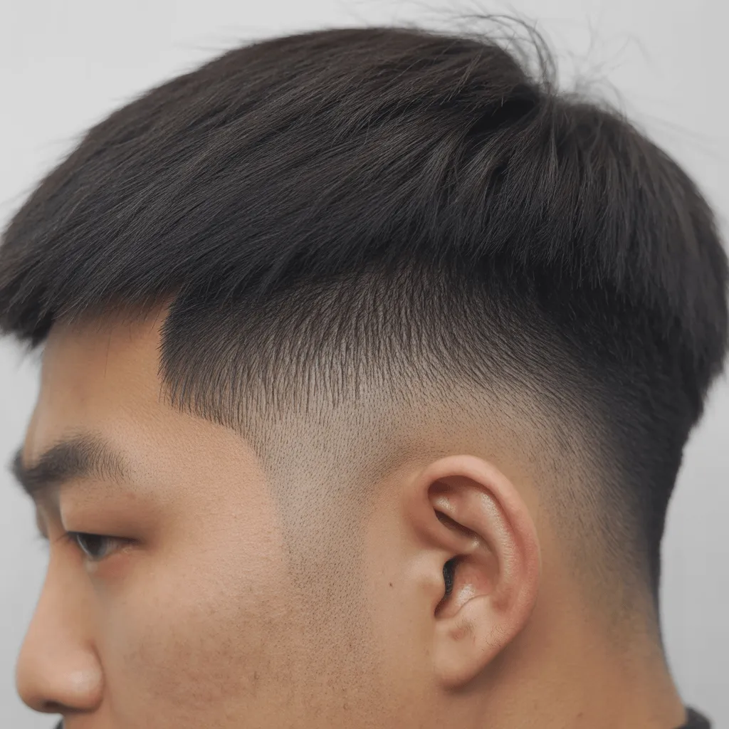 Hombre con corte de cabello taper low fade estilo asiático, mostrando cabello lacio y grueso, ideal para un look pulido.
