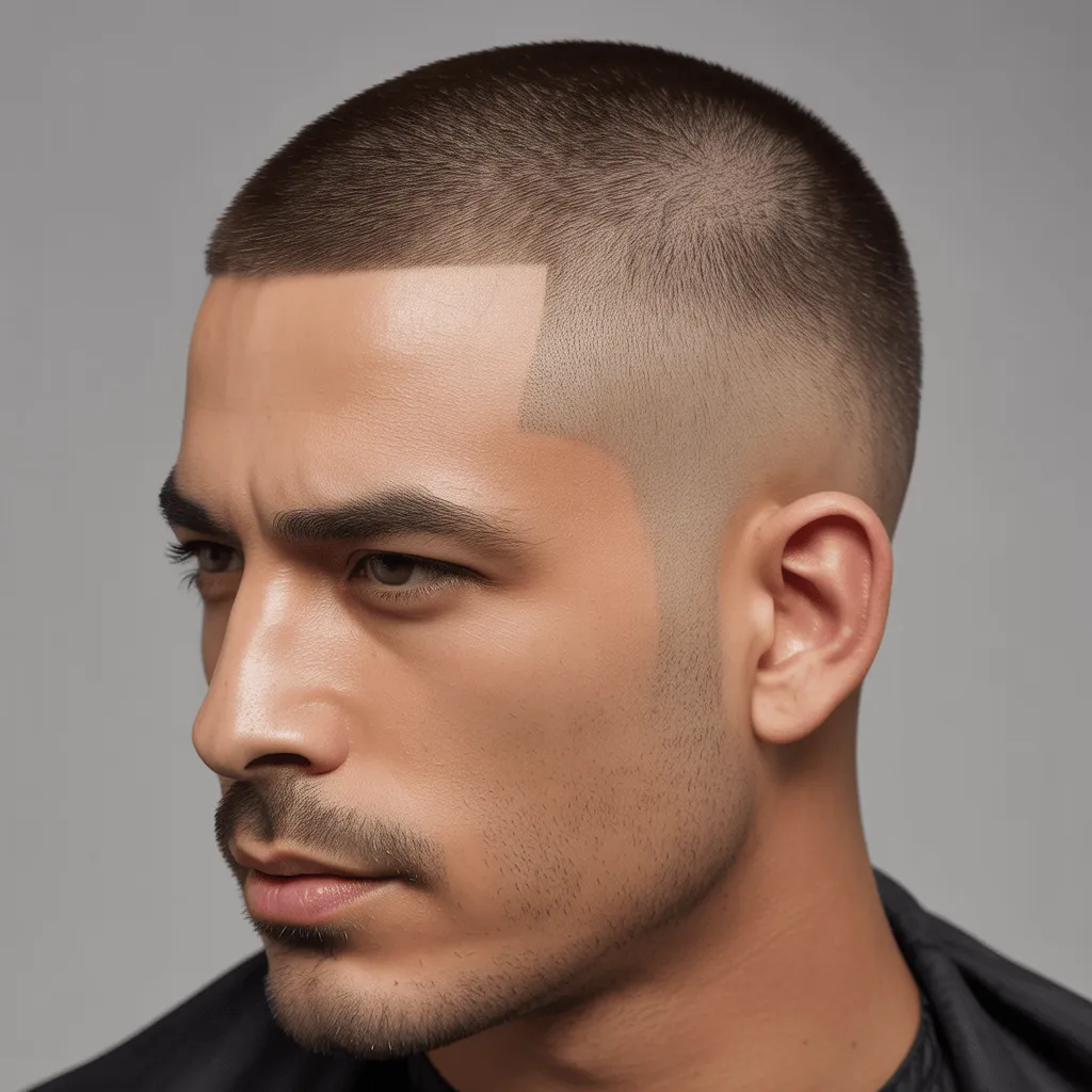 Corte de cabello Flat Top con parte superior plana y lados rapados en un oficial de policía militar, que resalta una mandíbula fuerte y transmite un aire de autoridad.