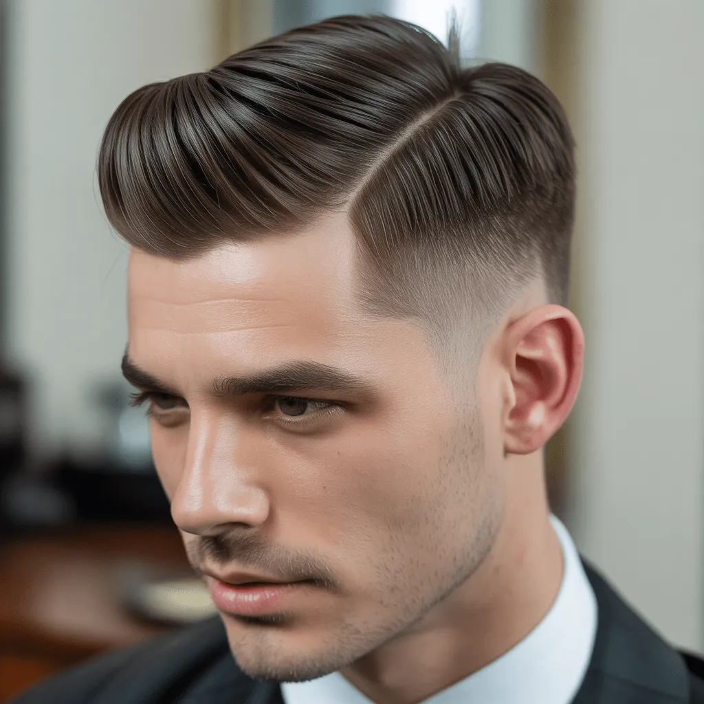 Estilo Ivy League en un oficial de policía de Tamil Nadu, con una parte superior ligeramente más larga y los lados recortados de manera precisa para una apariencia profesional y pulida.