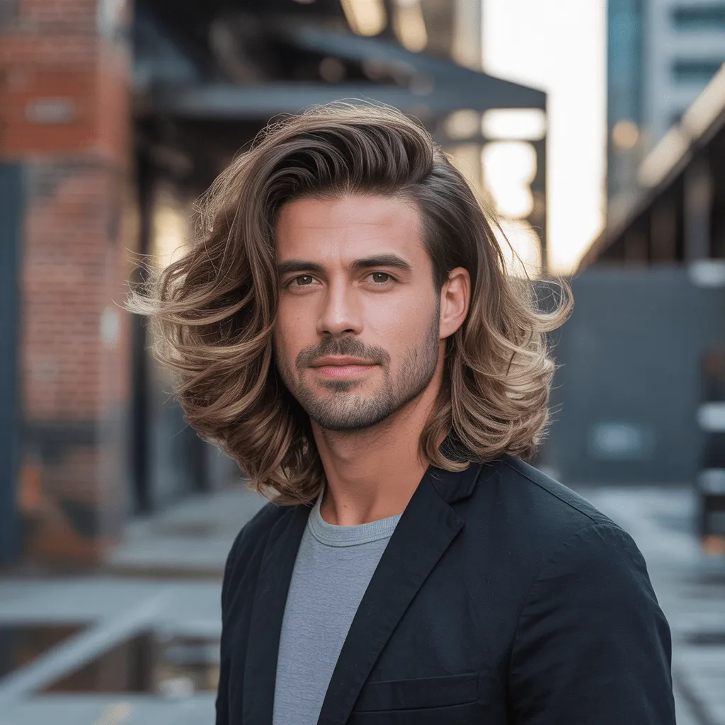 Corte de cabello largo en capas para hombre con ondas naturales en un entorno urbano. Cortes de cabello modernos 2