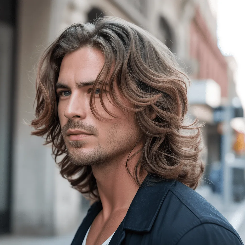 Corte de cabello largo en capas para hombre con ondas naturales en un entorno urbano. Cortes de cabello modernos 4