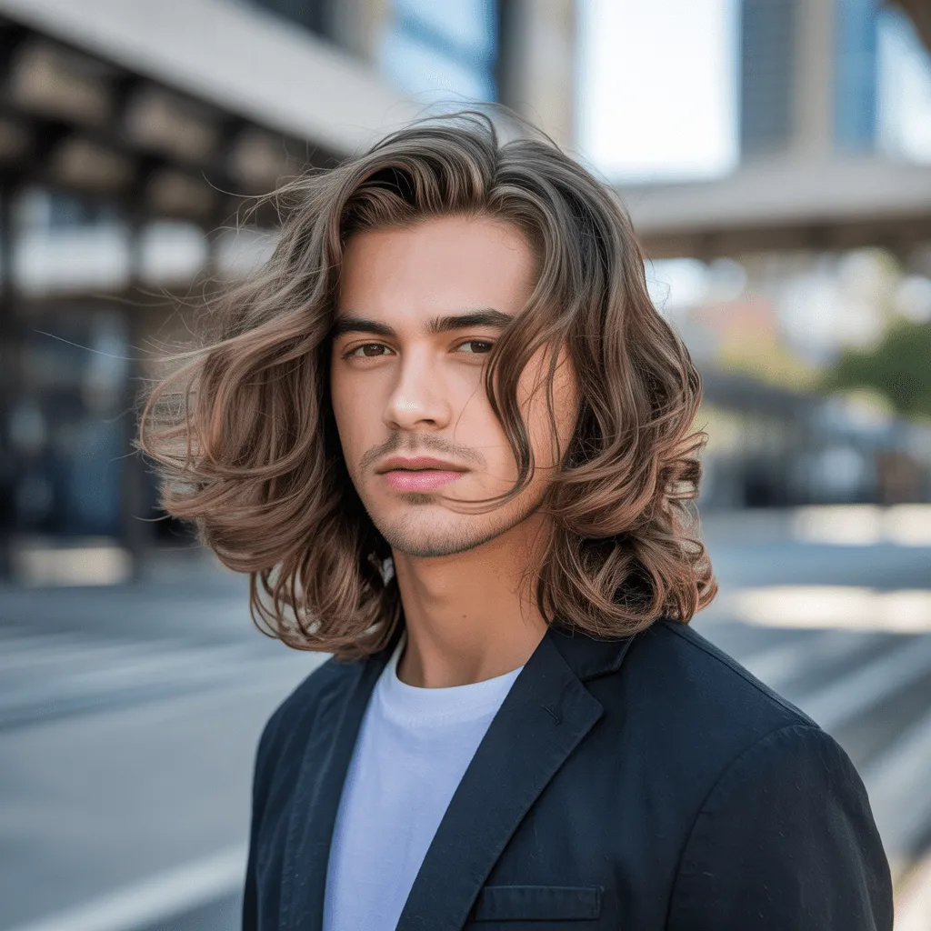Corte de cabello largo en capas para hombre con ondas naturales en un entorno urbano. Cortes de cabello modernos