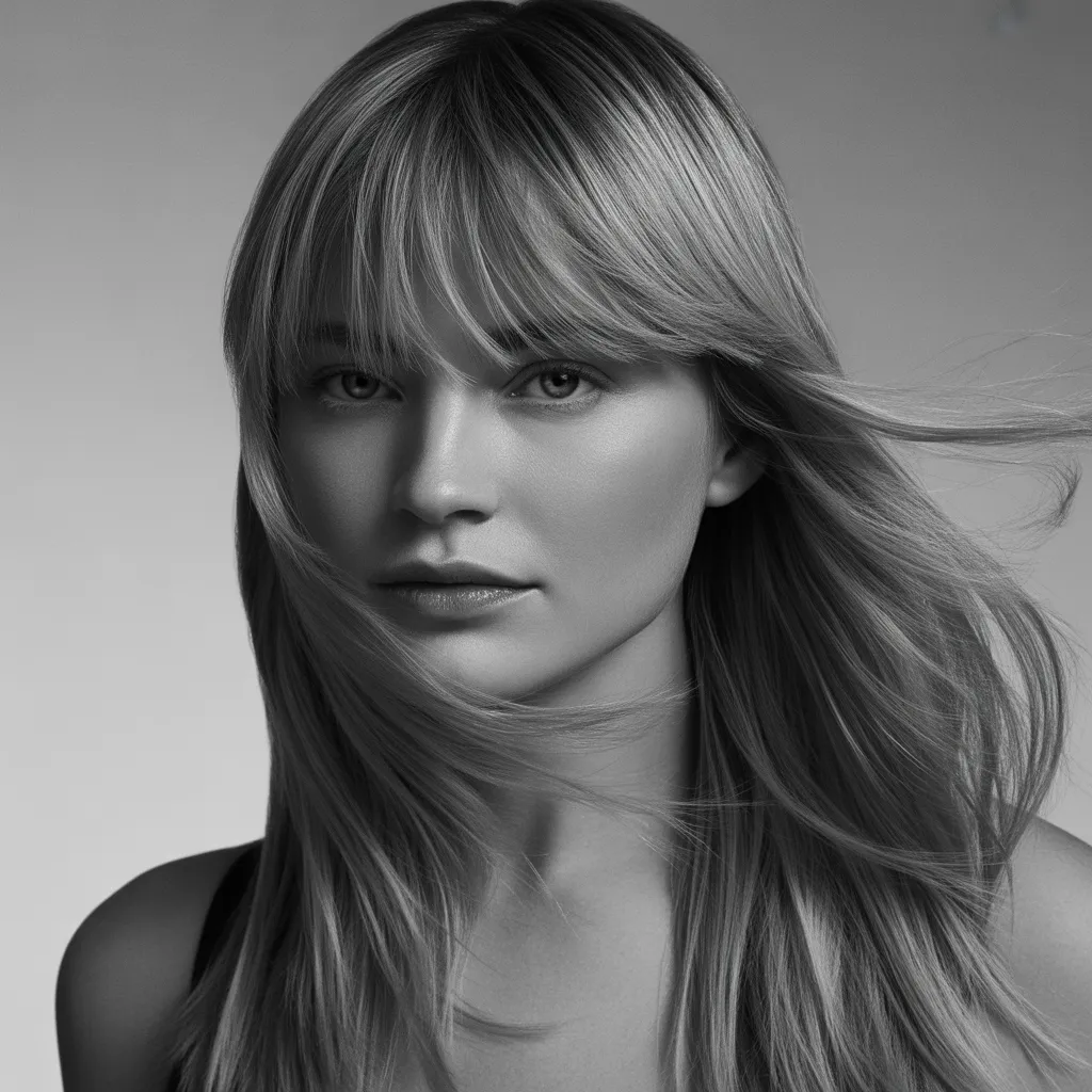 Flequillo desmechado con corte largo, dando un toque relajado y natural al cabello, perfecto para un look desenfadado.