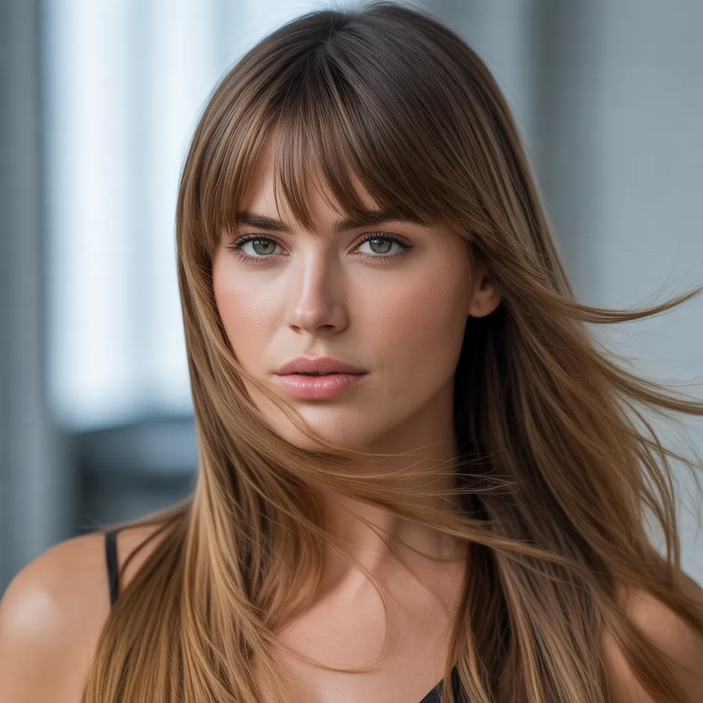 Peinado con corte largo y flequillo ondulado, ideal para un look romántico y femenino con ondas suaves.